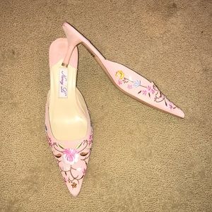 Nancy Li pink embroidered mules